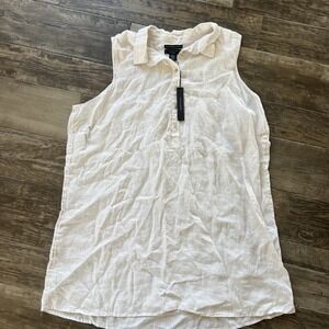 Tahari, Plus Size 3X, Linen Sleeveless  Dress, Buttons, Cream Stripe‎ Lagenlook